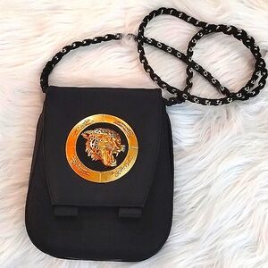 Nima Vintage Black Crossbody Bag with Gold Leopard Accent